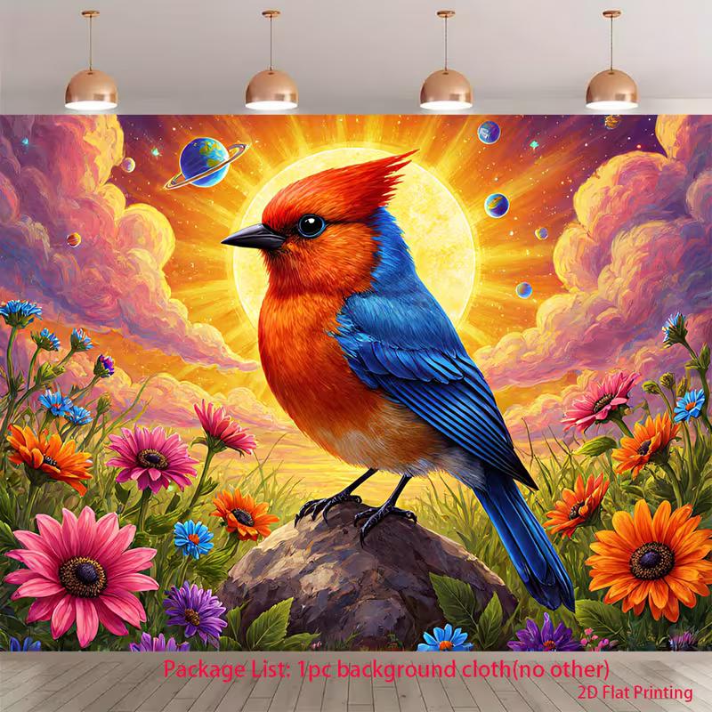 2D Fantasy Bird Art Tapestry, Colorful Bird on a Rock in a Flower Field with Nebula Clouds