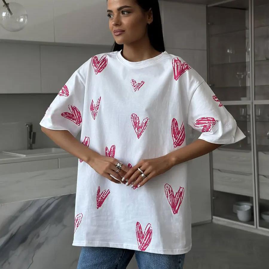 Повседневная женская футболка с круглым вырезом и принтом сердца, летняя свободная хлопковая женская футболка с короткими рукавами, базовые топы, рубашки, футболки, женская одежда