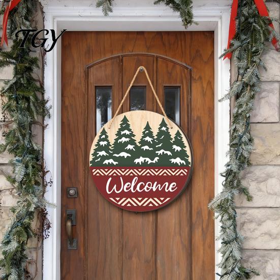 Wooden Hanging Decor for Home Round 2D Welcome Sign, Farmhouse Christmas Door Hanger with Rope, Deer Decorative Board Hemp Rope Tree Bird Wall Plaque