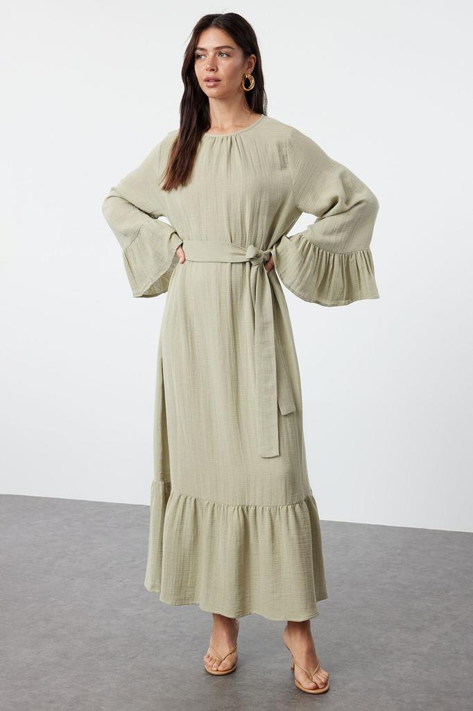 Women's Style Hijab Dress Mint Skirt Ruffled Seersucker Dress