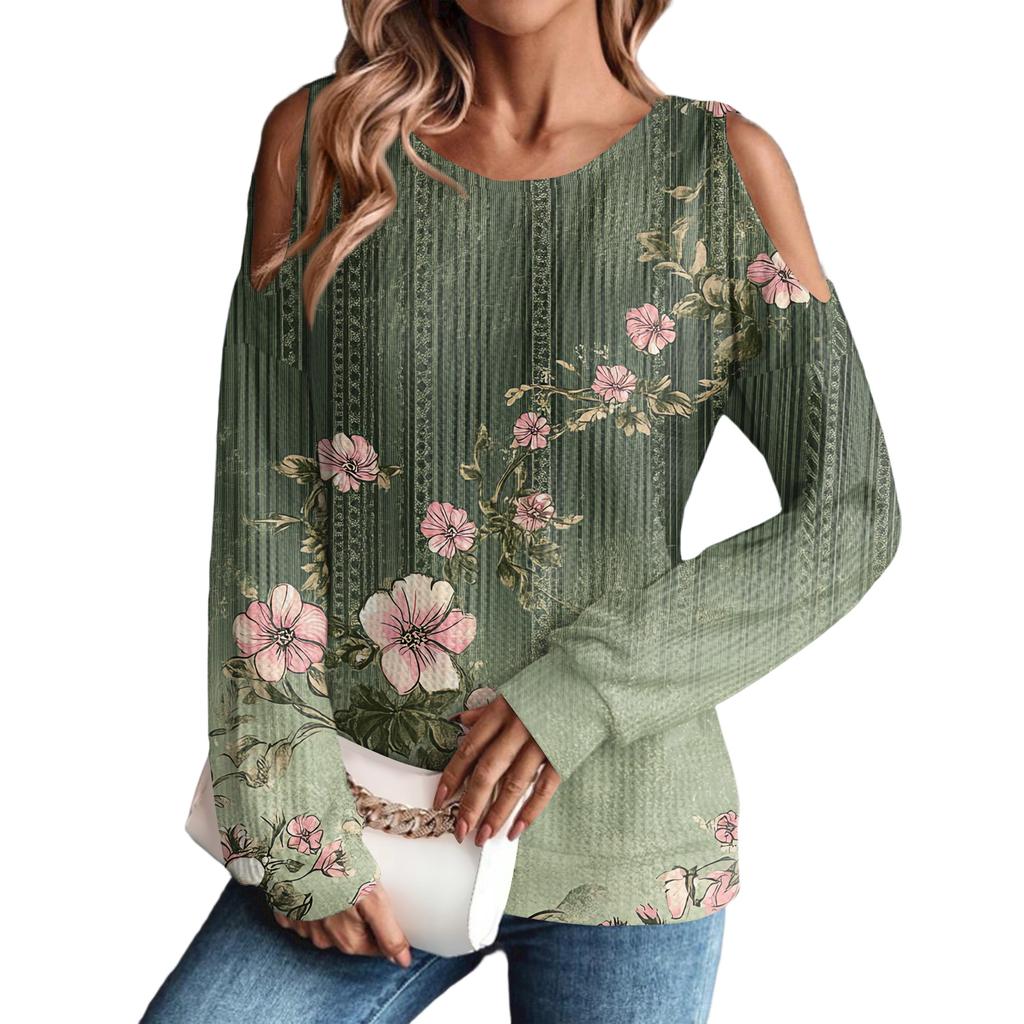 Women's Winter Oversized T-Shirt Fashionable Off-the-Shoulder Round Neck Vintage Floral Print Pullover Long-Sleeved Top
