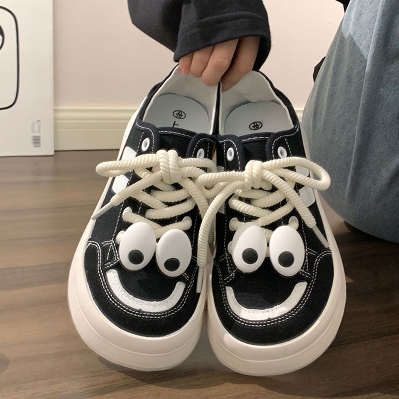Big Eyes Cute Semi Slippers Canvas Shoes Women's Breathable All-Match Casual Shoes Women's Shoes Slip-on Board Shoes