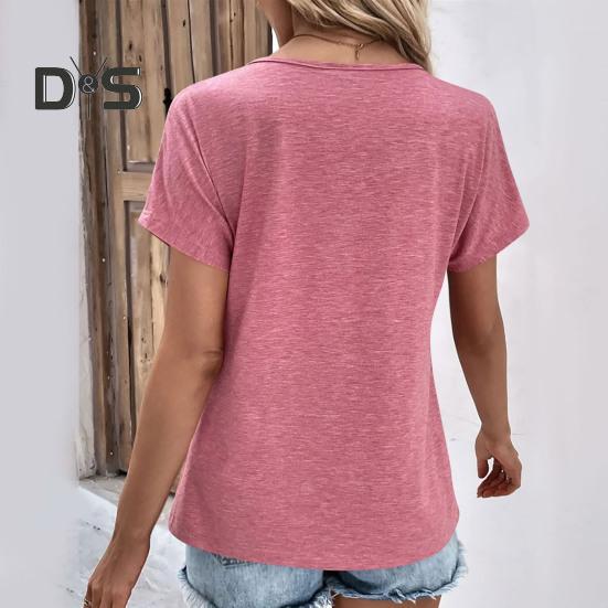 Женская футболка с V-образным вырезом, коротким рукавом, свободный крой, пуговицы, декор, однотонный пуловер, топы, повседневная одежда