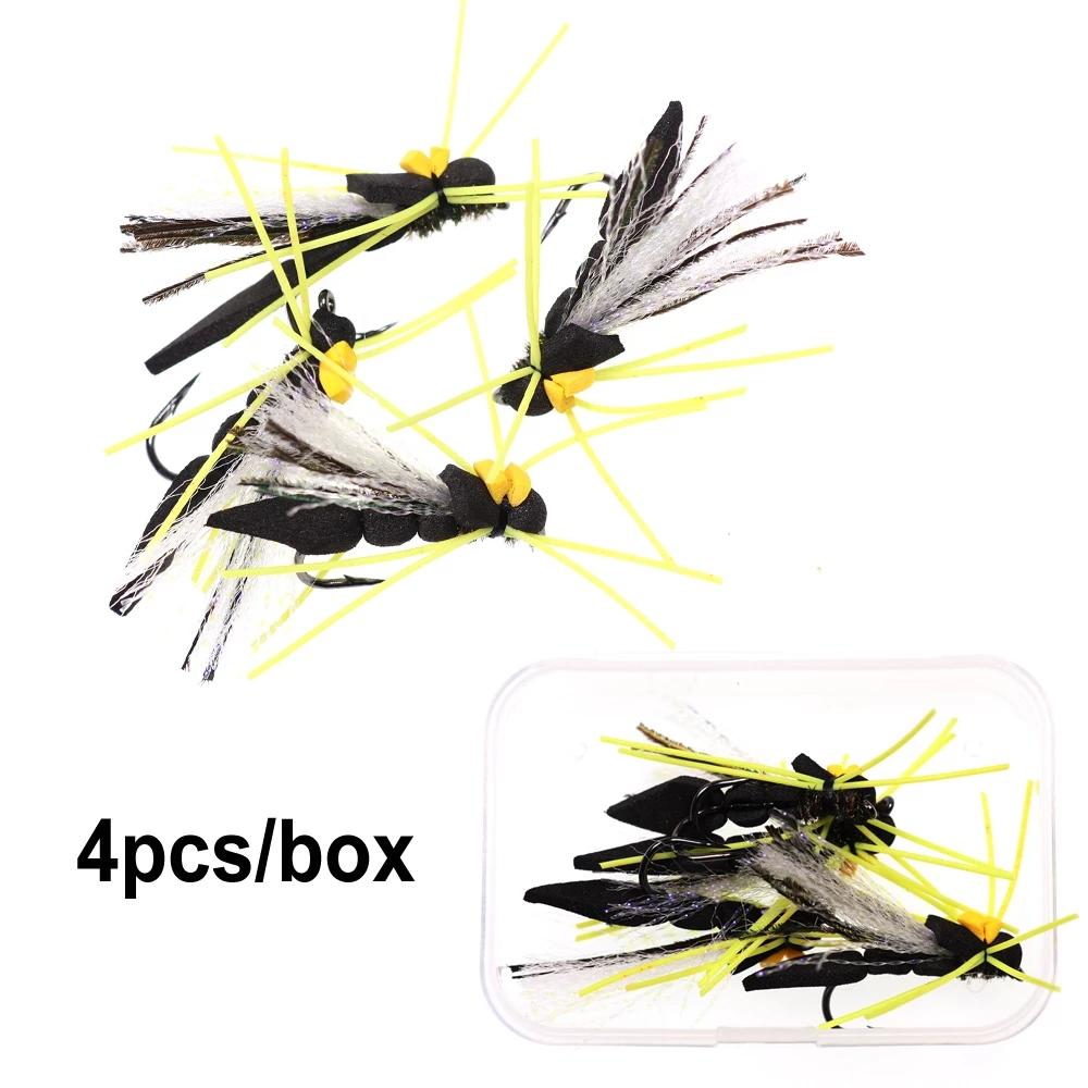 Bimoo 4PCS #10 Yellow Hopper Madam & #4 Black Hopper Fly Fishing Dry Flies Floating Foam Fishing Lures for Trout Bass Pearch