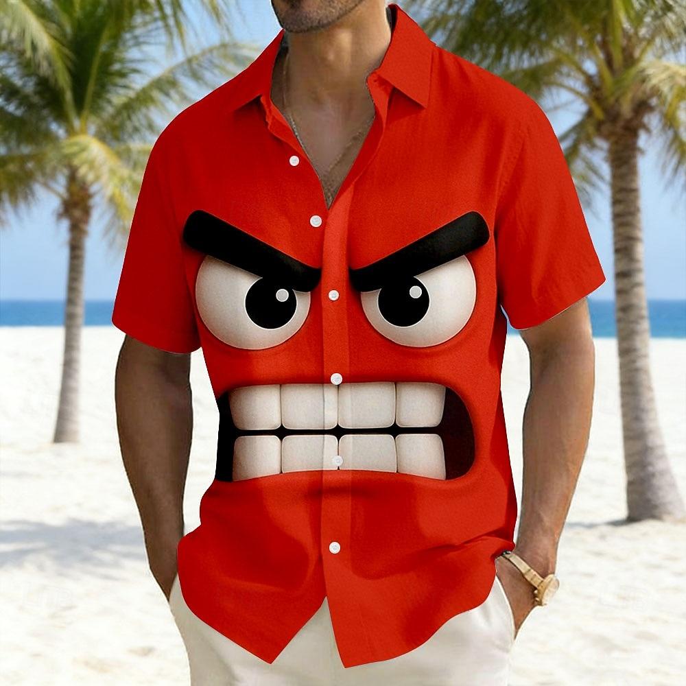 Women's Optical Illusion 3D Cartoon Angry Face Shirt Summer Shirt Button Up Shirt Short Sleeve Funny Outdoor Vacation Dailywear