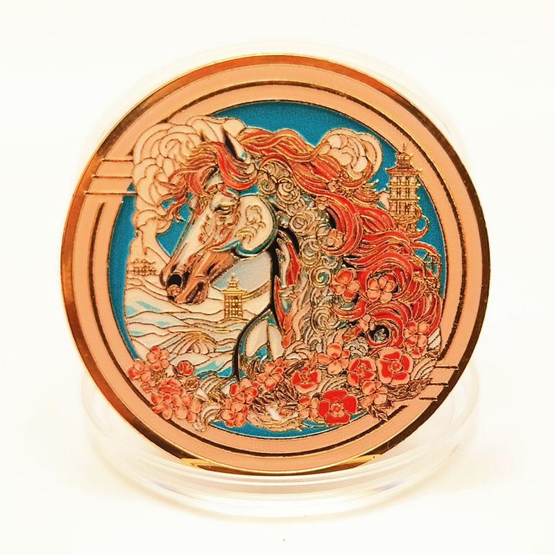 Colorful Zodiac Chinese Horse Souvenir Coin Commemorative Lucky Challenge Coin Collection Gifts With Protective Case