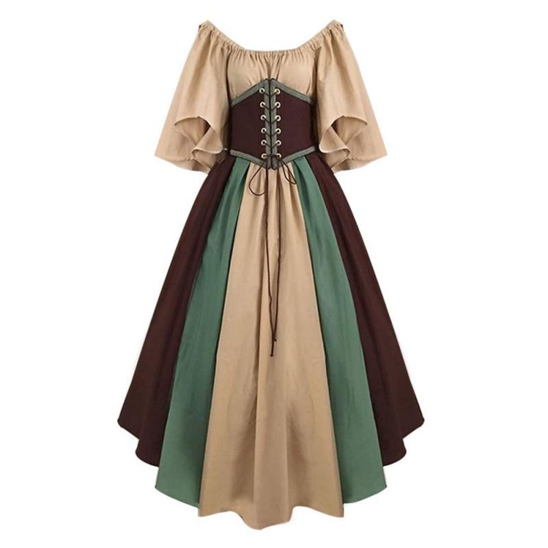 Medieval Vintage Contrast Panel Gown Cosplay Costume Halloween Party Dress Role Play
