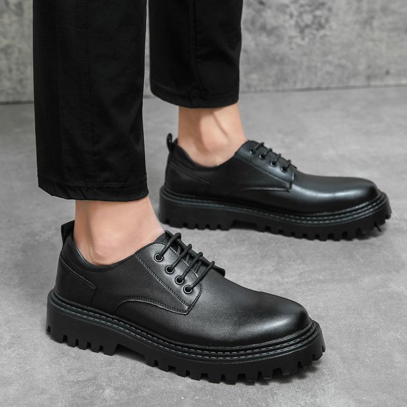 Small leather shoes men's 2025 autumn new round head lace-up British style black trend size 37 single shoes platform shoes