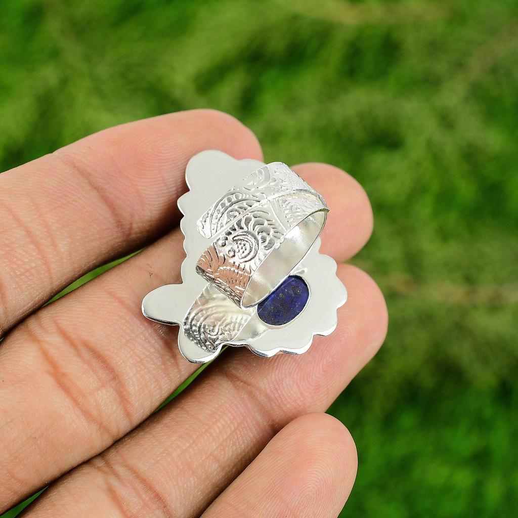 Natural Lapis Lazuli Gemstone Multi Stone Adjustable Ring 925 Silver For Girls