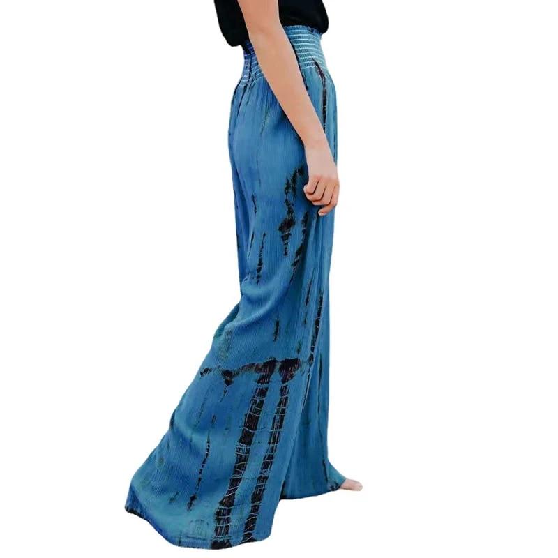 Модные эластичные женские широкие брюки с высокой талией 2024, повседневные длинные брюки с принтом, винтажные свободные уличные плиссированные брюки 30767