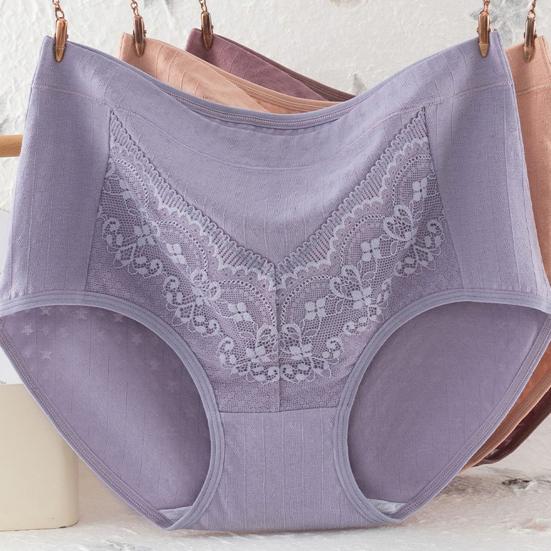 Mid-aged Women Panties Lace Hgh Waist Tummy Control Seamless Solid Color Good Breathability Lady Underpants Female Daily Underwear