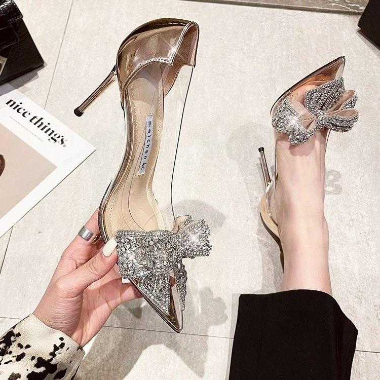 Fashion New Pointed Crystal Fairy Ladies Wind Sandals Rhinestone Butterfly-knot Transparent High Heel Women Sandals Fashion Shoes