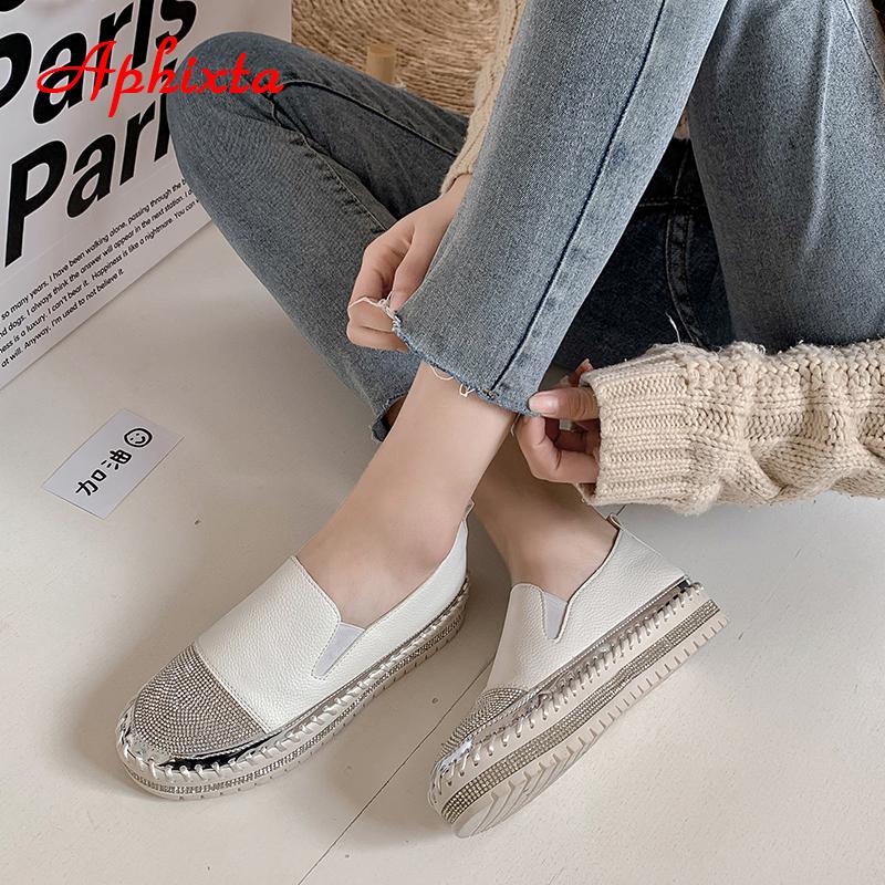 Fashion Aphixta 2025 New Crystals Luxury Leather Flats Shoes Women Hand Stitching Slip-on Flat Platform Footwear Plus Big Size 42 43