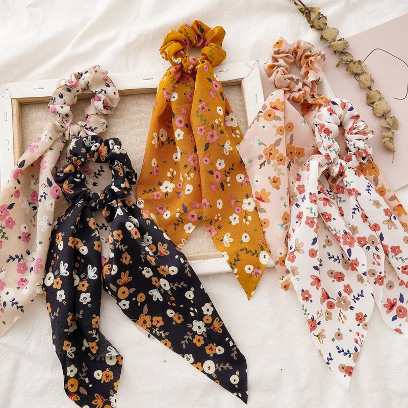 Pastoral Floral Print Long Ribbon Hair Ties Romantic Flower Patterned Ponytail Holders Fresh Spring Style Decorative Headwear