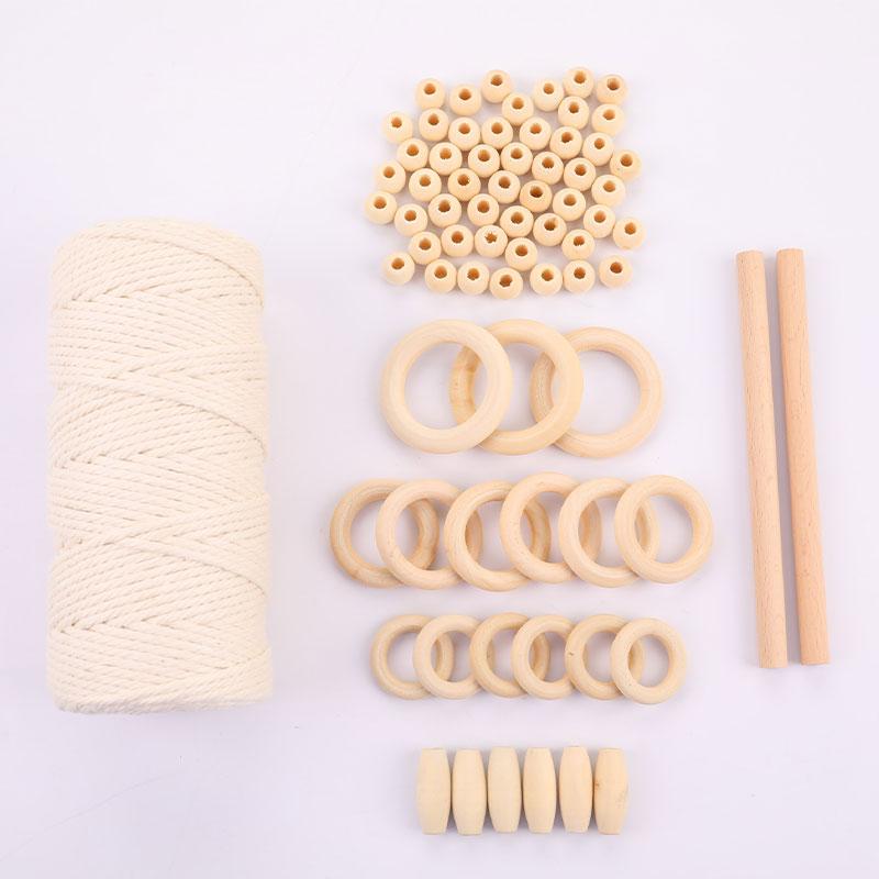1Set Macrame Cord Cotton Rope With Wood Ring Wooden Beads For Diy Wall Hanging