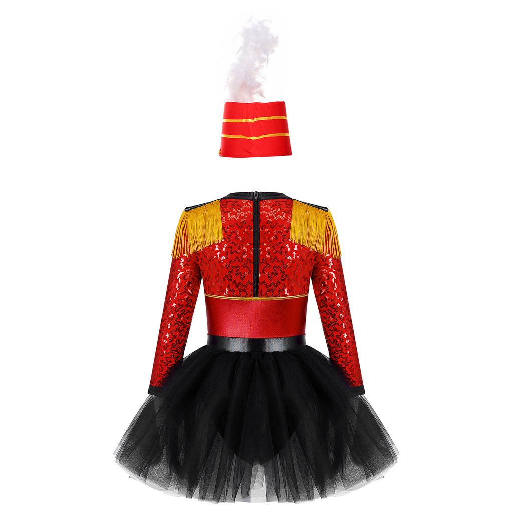 Kids Honour Guard Outfit Tutu Leotard Dress with Feather Hat Back Zipper for Cosplay