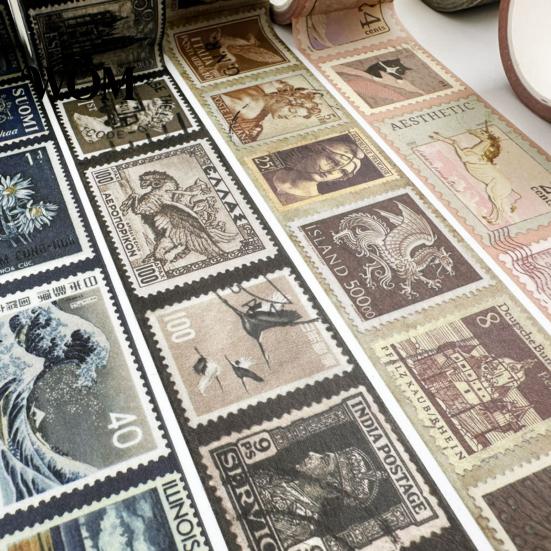DIY Crafts Washi Tape Vintage Stamp Roll, Aesthetic Decorative Masking Tape, Retro Pattern Adhesive for Art Crafts, Journaling Scrapbooking Supplies