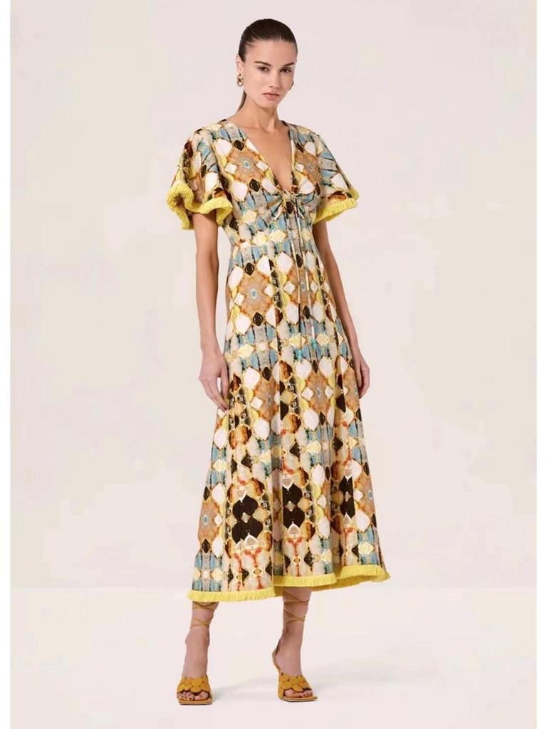 Женское длинное платье с V-образным вырезом, кисточками и открытой спиной, со шнуровкой на талии, осень 2023 г.