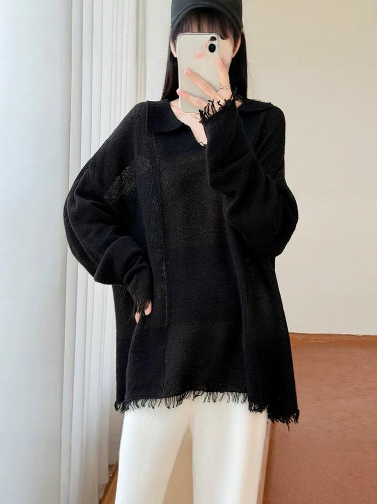 Women's Early Autumn 100% Wool Tassel Lapel Sweater - Stylish Loose Knitwear with Drop Shoulders