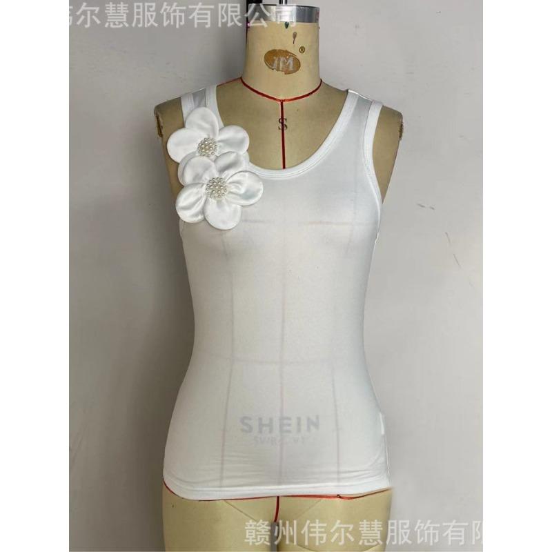 Women European Style 3d Flower Decoration Solid Sleeveless Crop Tank Top