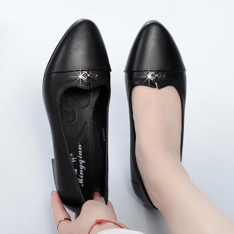 Fashion Spring All-Match Fashion Women Pointed Toe Low-heeled Leather Shoes Solid Slip On Casual Soft Comfort Non-slip Mom Shoes
