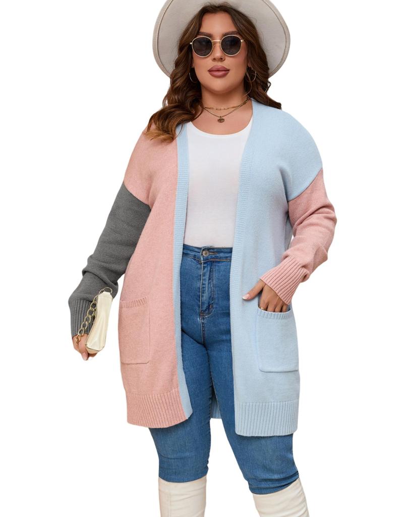 Azura Exchange Multicolor Plus Size Colorblock Pocketed Open Front Cardigan