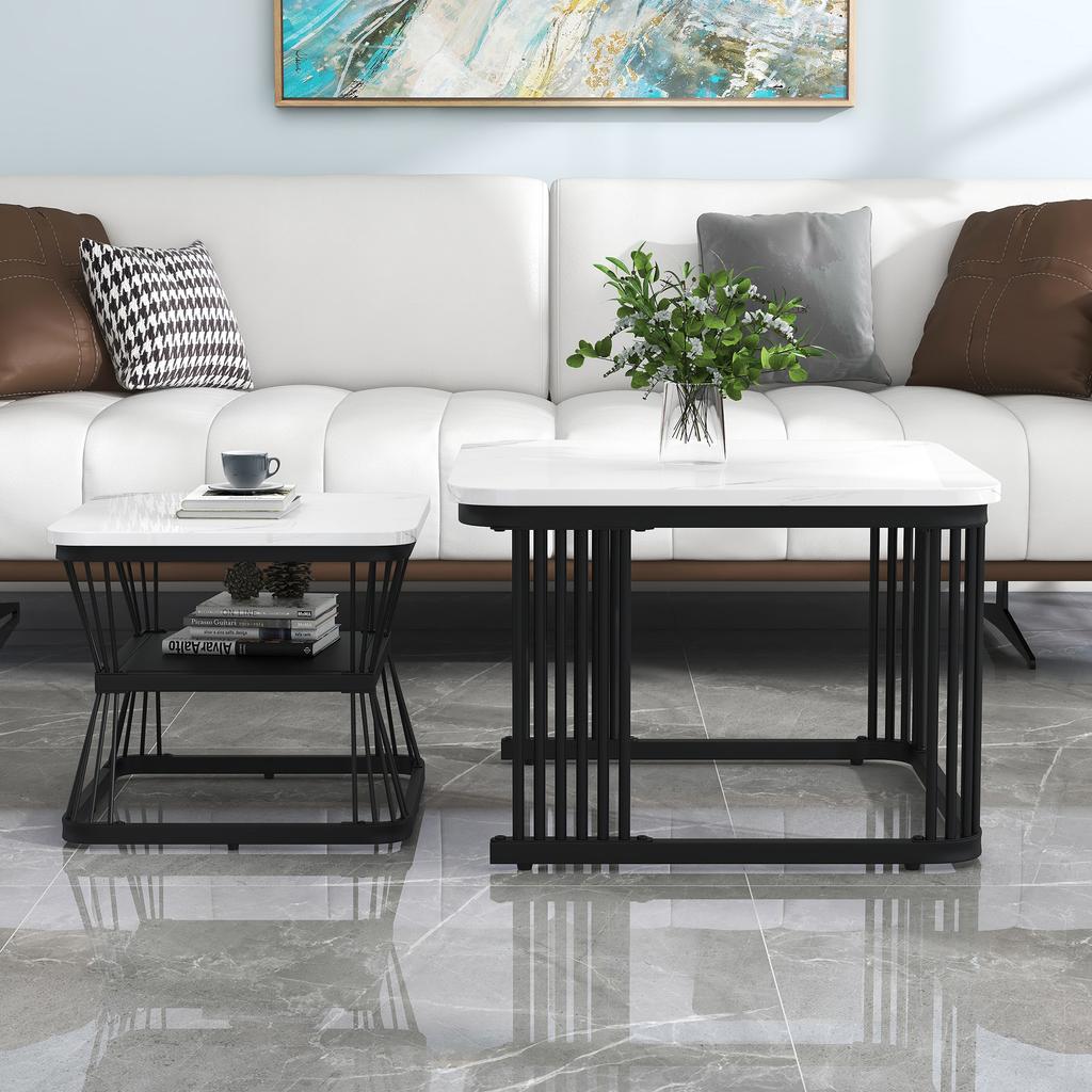 N625P173136Z)2-Piece Set Modern Side Tables, MDF in Marble Look, Steel Tube White High-Gloss Black, Dimensions 65x65x45 cm and 45x45x39.5 cm