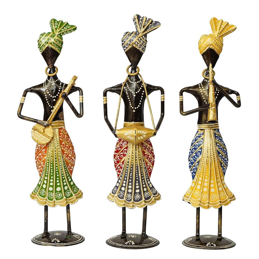 Tribal Metal Handicraft Muisician Showpiece Statue Table Decorative Items for Home,Antique Gift Items, Showpiece, Home Decoration Items (Set Of 3)