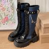 Butterfly Metal Chain Boots Women's Round Toe Colorblock Front Lace-Up Side Zipper Platform Block Heel Tall Single Boots