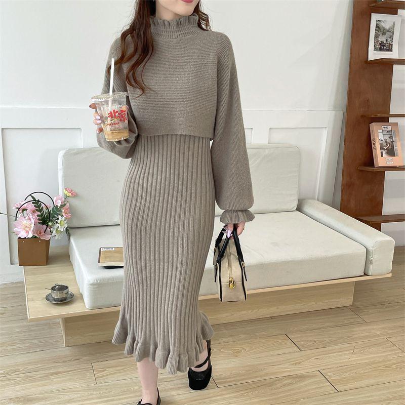 Womens Knit Two-Piece Set Winter 2026 Midi Dress With Cami Top Elegant Slim Fit Wool Blend Sweater