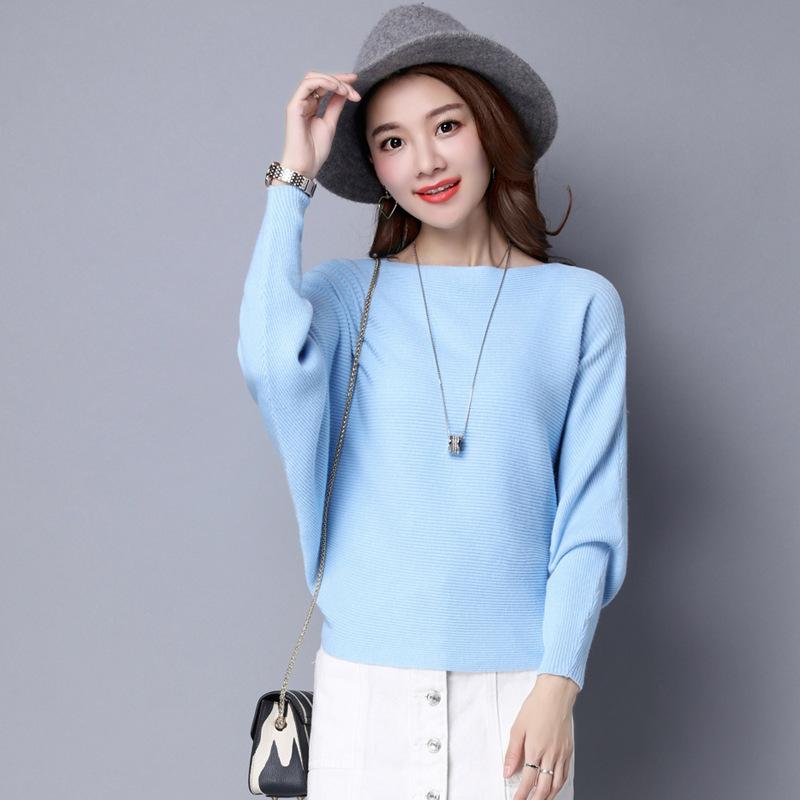Bat Sleeve Sweater Spring and Autumn Solid Color Pullover Short Long Sleeved Knitted Sweater