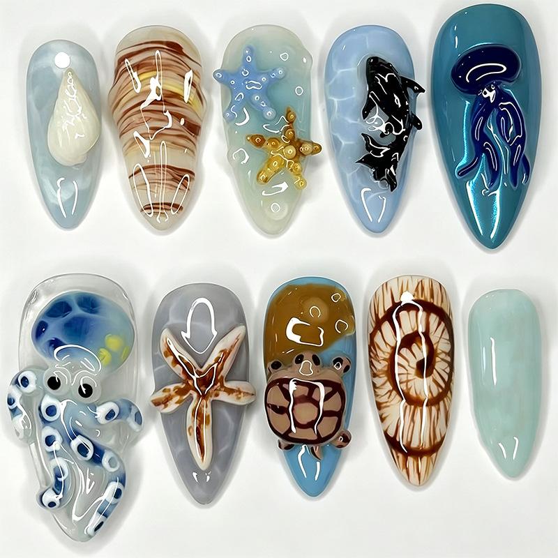 Wearable Nails Almond Nails 3D Three-dimensional Marine Animal Manicure Fake Nails European And American Wearable Nails