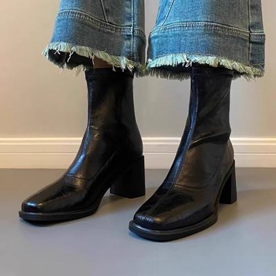 Кожаные ретро темперамент толстый каблук квадратный носок эластичные тонкие ботильоны женские высокий каблук для работы короткие ботинки весна и осень одинарные ботинки Мартин