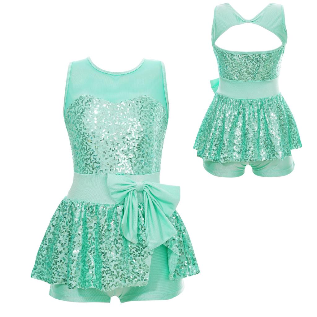 Kids Sleeveless Sequined Dancewear Gymnastics Leotard Girls Ballet Figure Skating Dress Modern Rave Jazz Dance Costume