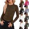 Women's Fashionable Round Neck Slim Fit Solid Color Pleated Long Sleeved Casual Top T-Shirt
