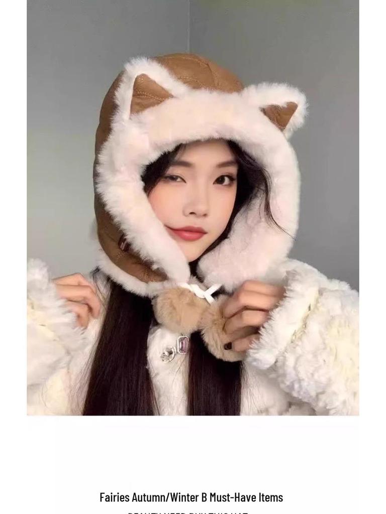 Women's Winter Plush Fox Ear Hat – Thick, Lined, Warm, Versatile, and Protective Lei Feng Style