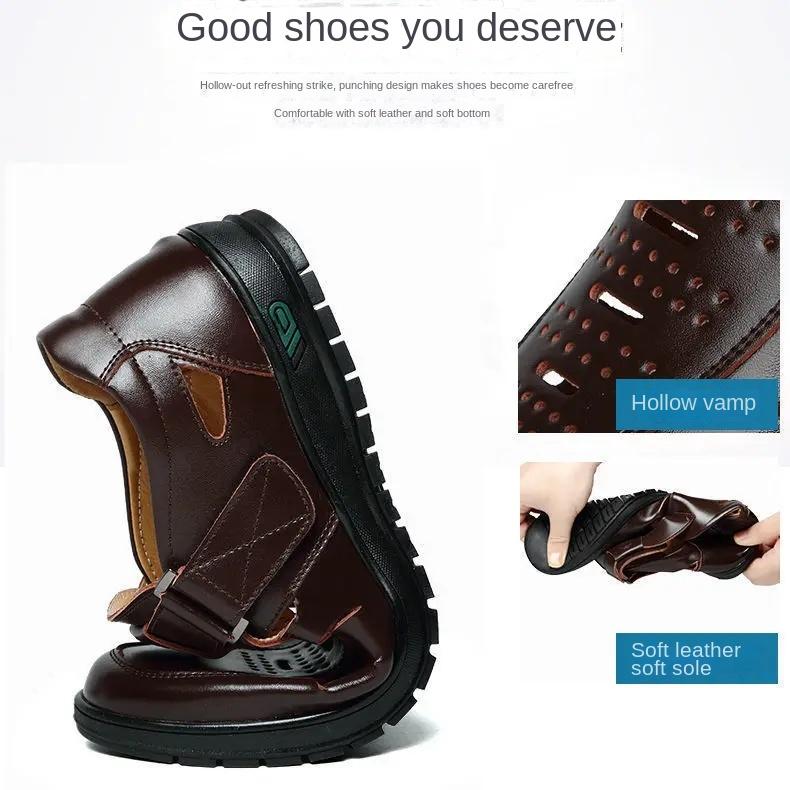 Men Sandals Summer Cozy Hollow Non-slip Soft Cool Lighted Breathable All-match Classic Wearable Fashion Casual Leather Sandals