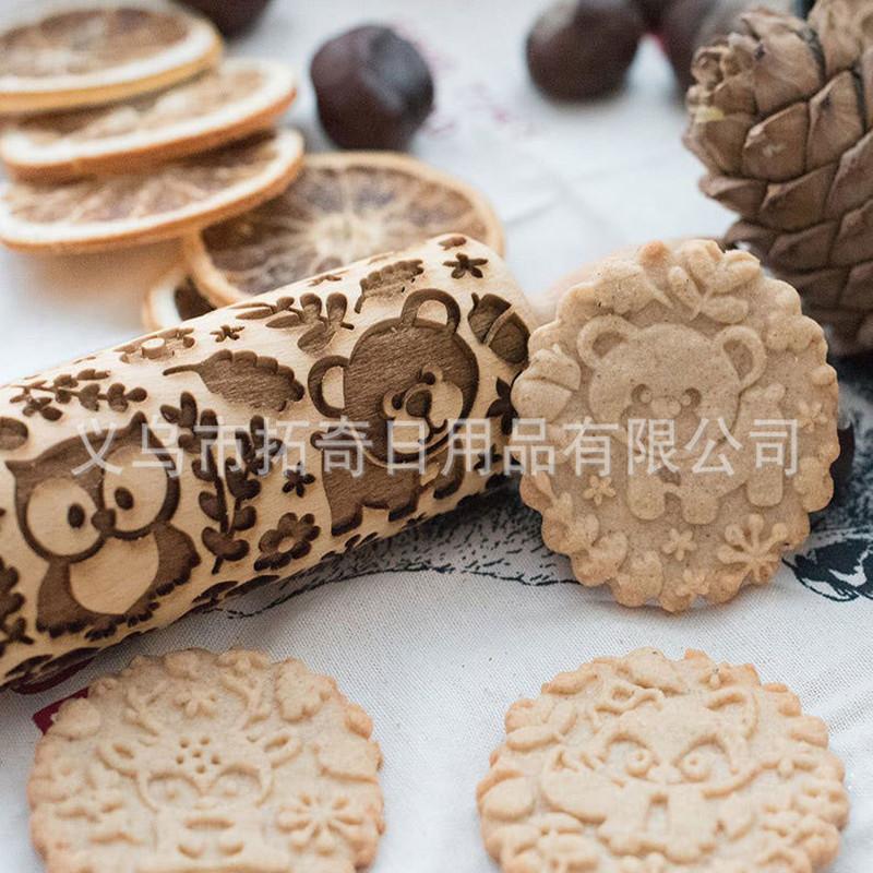 Скалка с рисунком мультяшных животных, скалка для муки с лазерной гравировкой, рождественский аксессуар, скалка для печенья