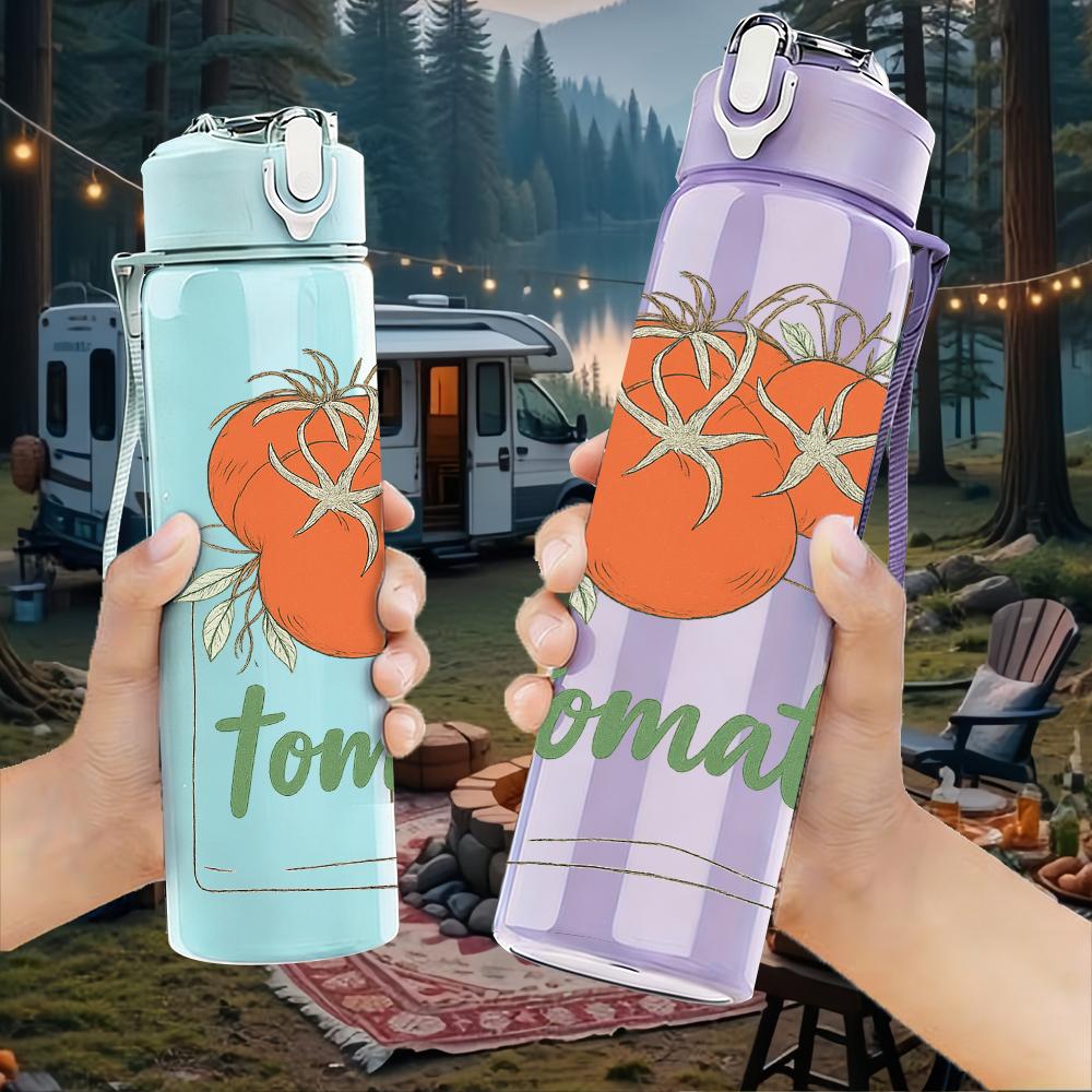 1PC Retro Tomato Label Art 750ml Color Plastic Sports Water Bottle Leakproof Flip Straw Lid Suitable for Sports Office Home Use