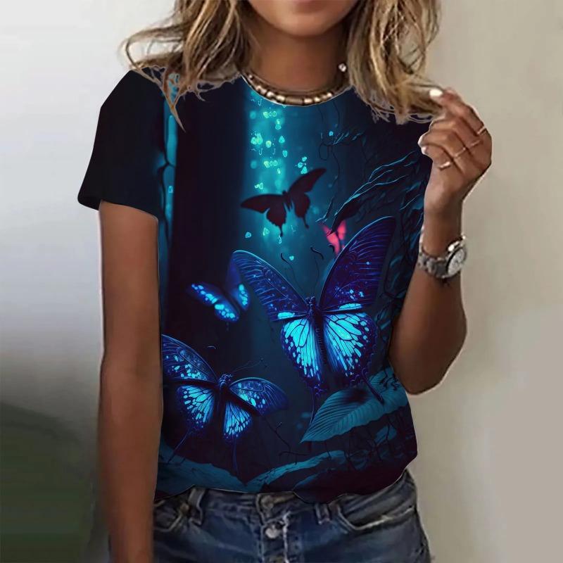 Fashion Woman T Shirt 3D Butterfly Print Crew Neck Short Sleeve Tee Luxury Female T-shirts Oversized Y2k Clothing For Girls