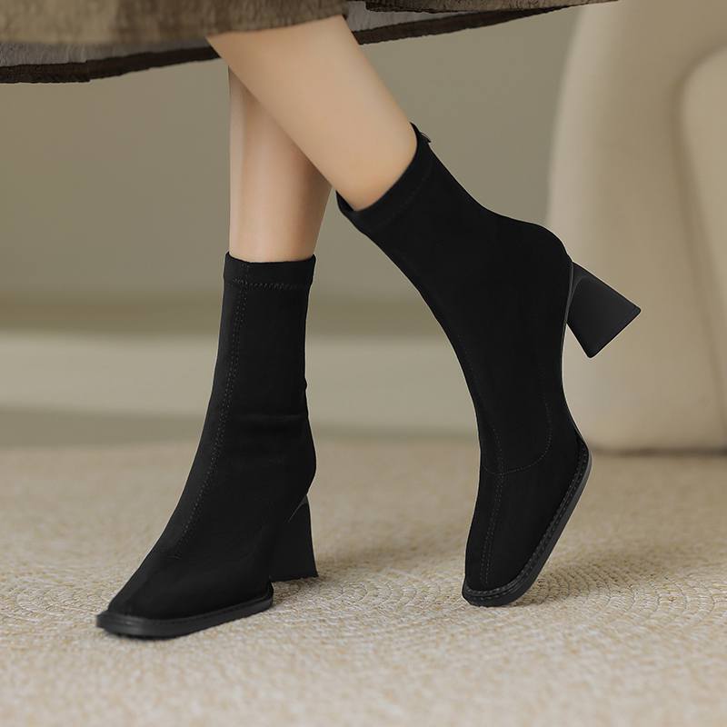 Krazing Pot Зимние эластичные ботинки из флока с квадратным носком на толстом высоком каблуке и молнии, женские ботильоны из натуральной кожи Stovepipe