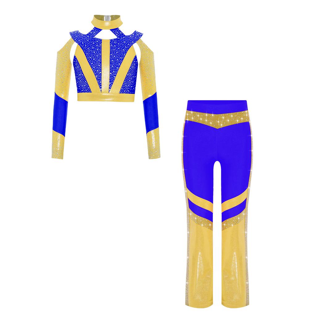 Girls Gymnastics Costume Long Sleeve Shiny Top Rhinestone Color Block Cross Back Flared Pants