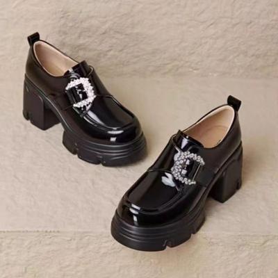 Весна Новые Туфли на Толстом Каблуке Женская Мода Круглый Носок Глубокий Вырез Пуговица с Бриллиантами Водонепроницаемая Платформа Высокие Каблуки