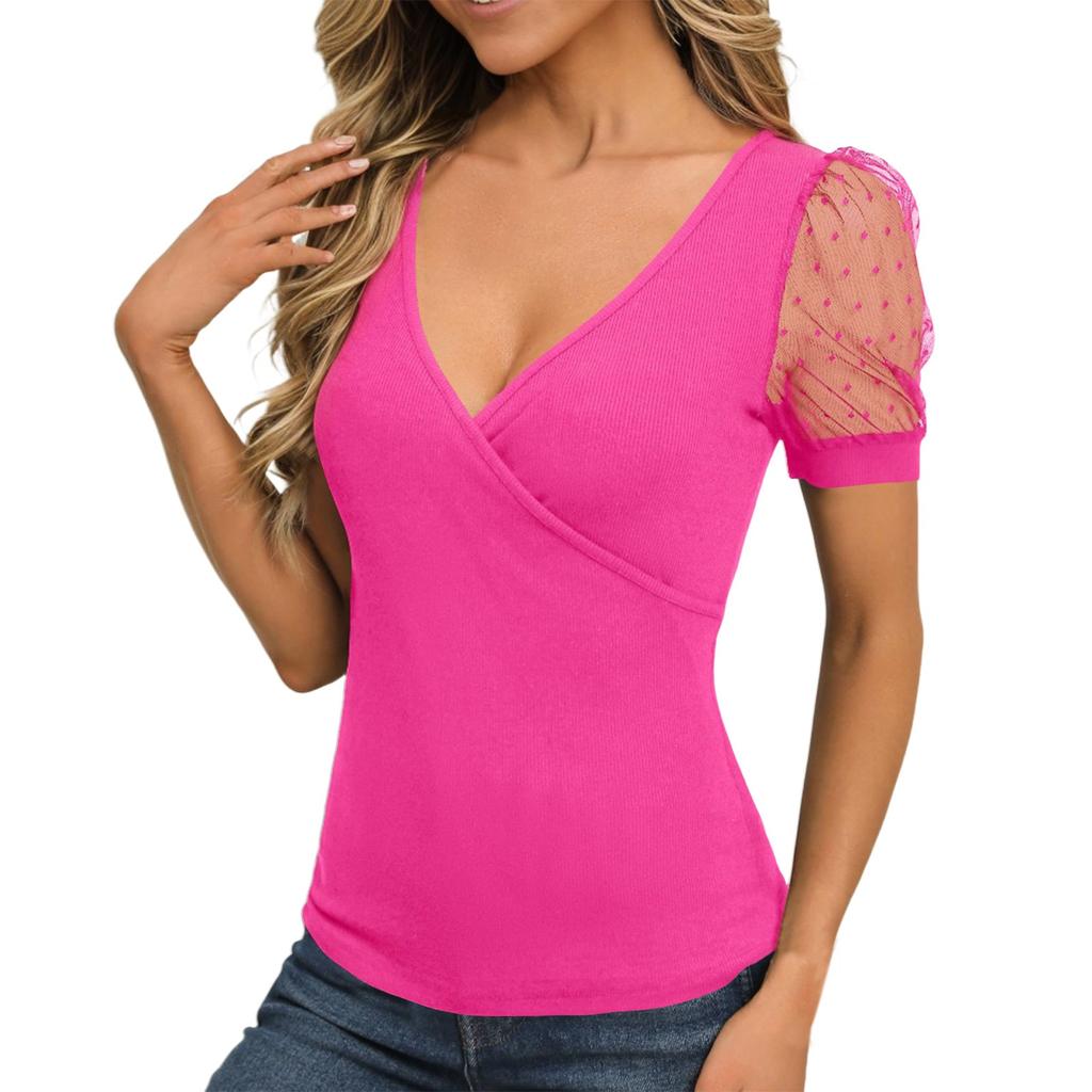 Women's Tops Deep V Neck Cross Wrap Sexy Tops Polka Dot Mesh Short Sleeve T Shirt Casual Blouses
