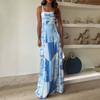 Women Vacation Dress Printed Patchwork Low-cut Square Neck Backless Sleeveless A-line Full Length Beach Maxi Dress Plus Size