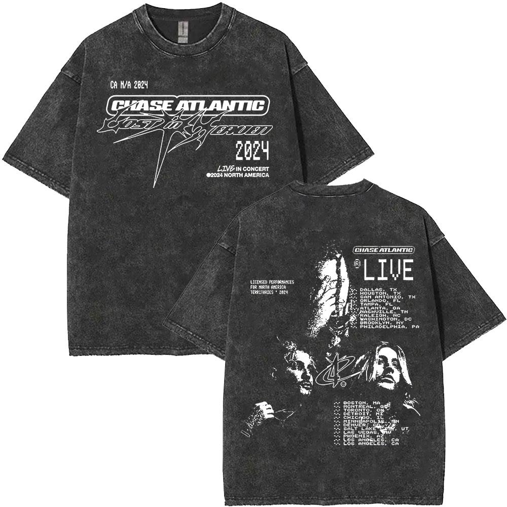 Chase Atlantic Lost In Europe and UK Tour 2025 Album Vintage Washed T Shirts Men Hip Hop Gothic Short Sleeve T-shirts Streetwear