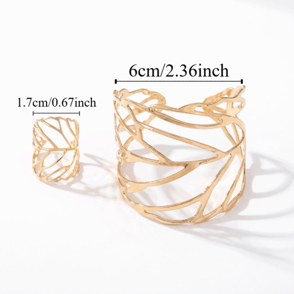 Elegant Open Bangle Ring Set Vintage Retro Jewelry Set Trendy Hollow Leaf Bangle Special Occasions