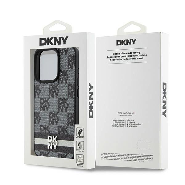 Dkny Leather Checkered Mono Pattern & Printed Stripes Case For Iphone 15 Pro Max - Black