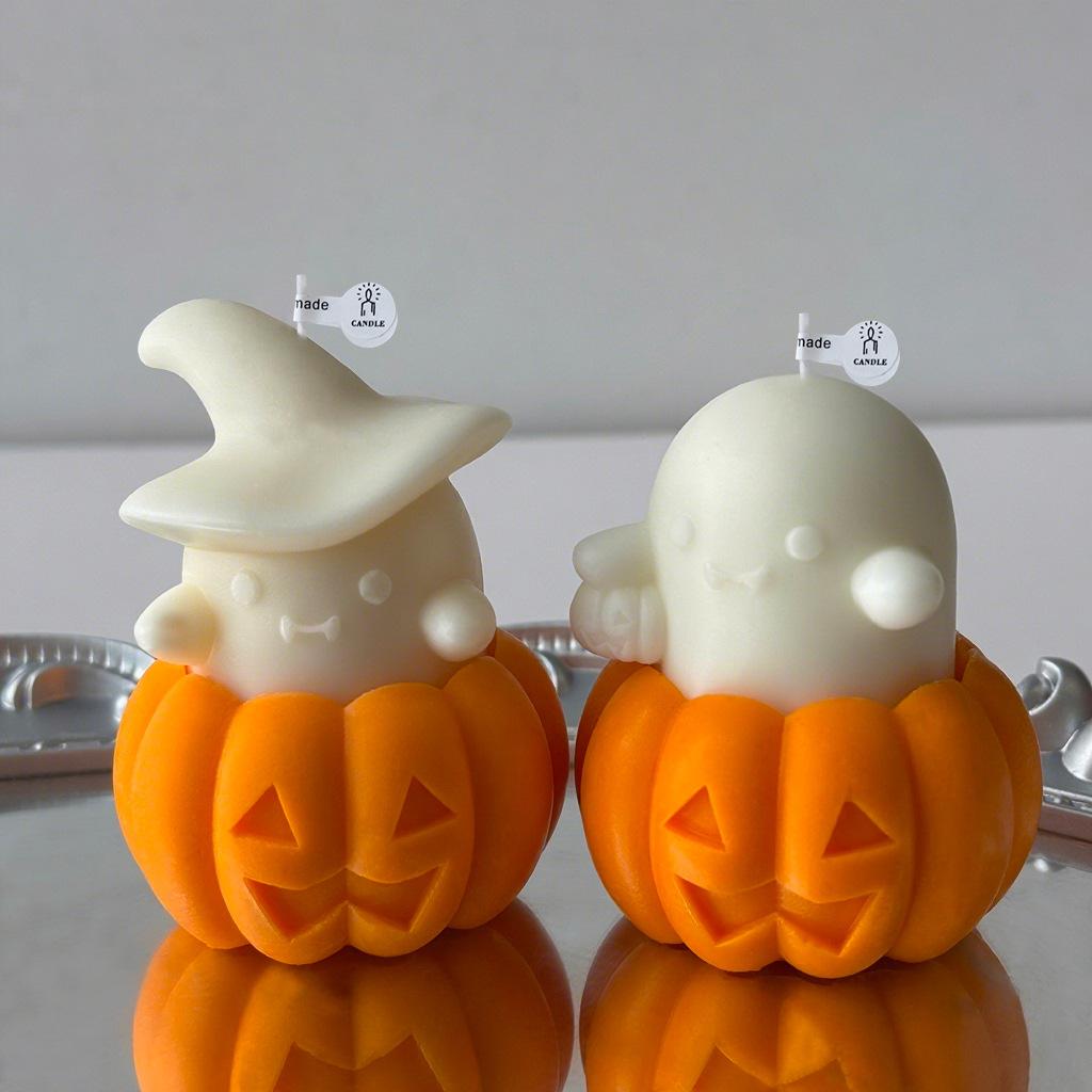 1/2pcs Ghost & Pumpkin Scented Candle Adorable Soy Wax Candles Idea Gifts for Holiday Halloween Home Party Atmosphere Decorative