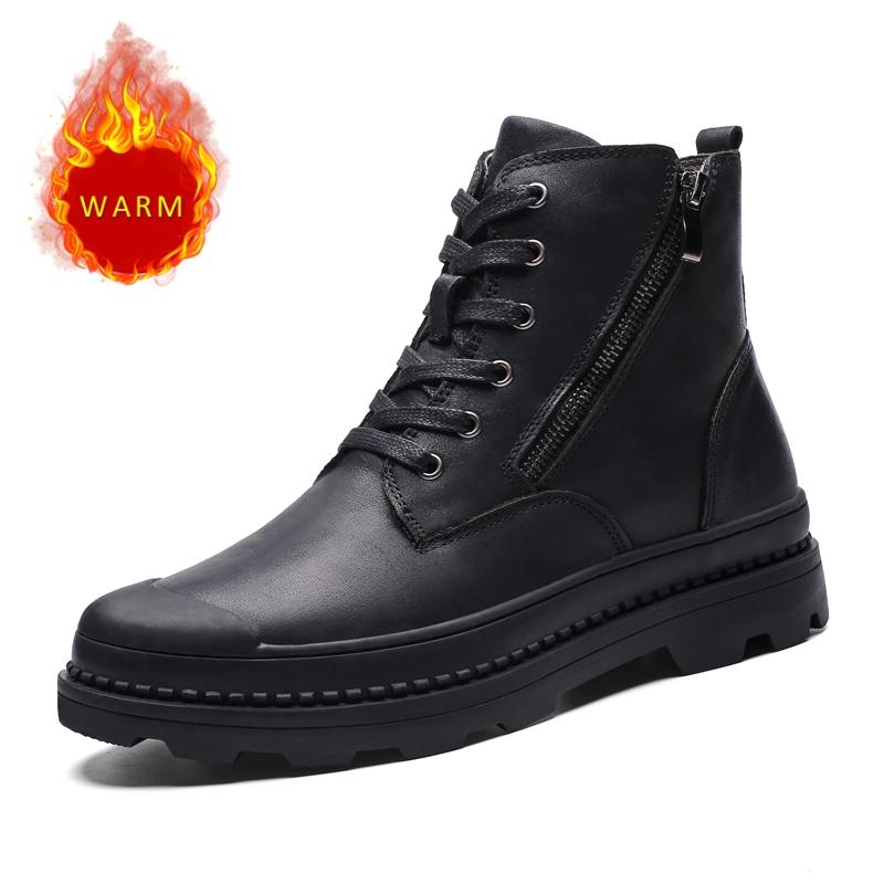 Мужские высокие ботинки Зимние плюшевые хлопковые ботинки Мотоциклетные ботинки Мужские деловые ботинки из натуральной кожи Износостойкие ботильоны